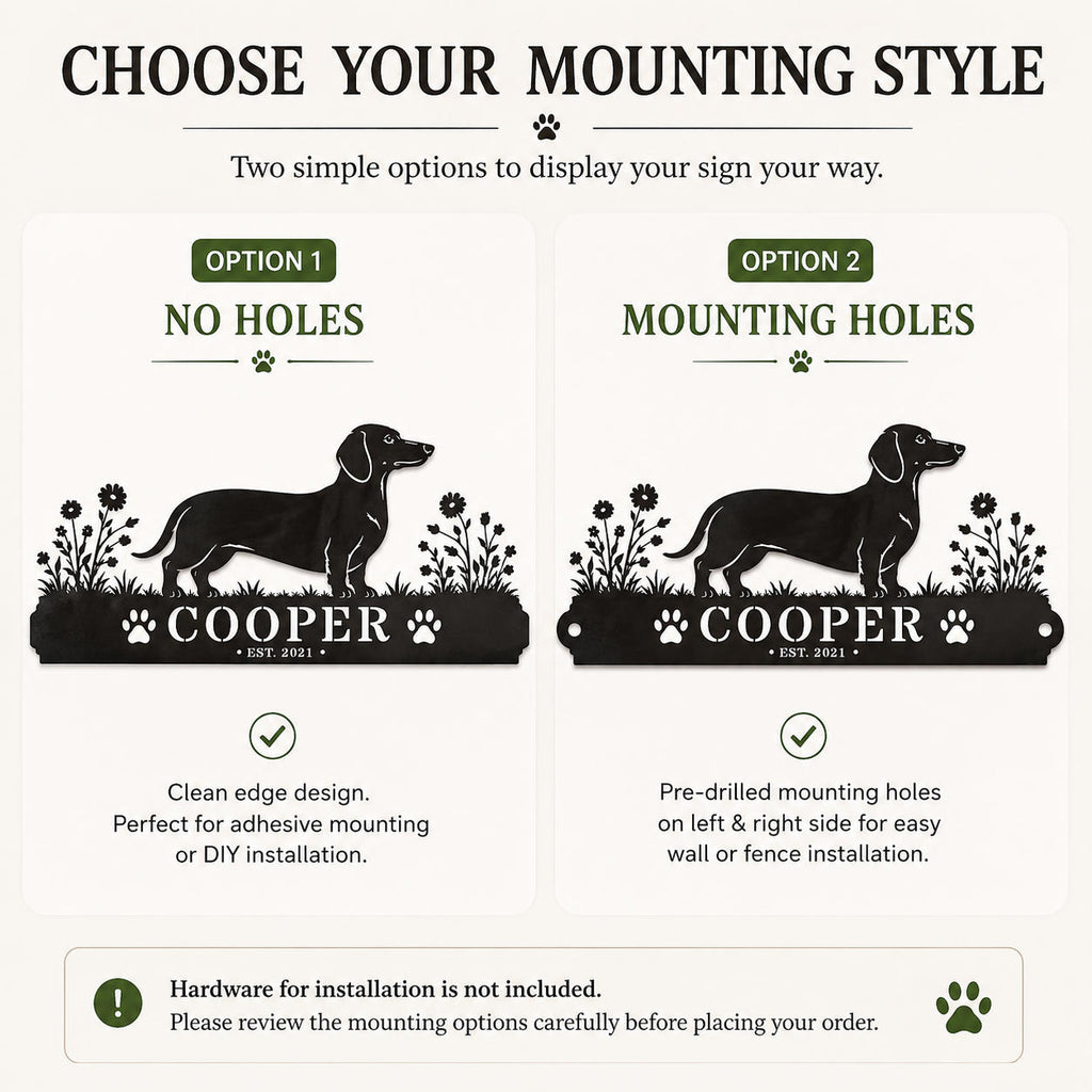 Comparison chart showing side holes, top and bottom holes, and no-hole options for a custom metal pet sign.