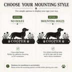 Comparison chart showing side holes, top and bottom holes, and no-hole options for a custom metal pet sign.