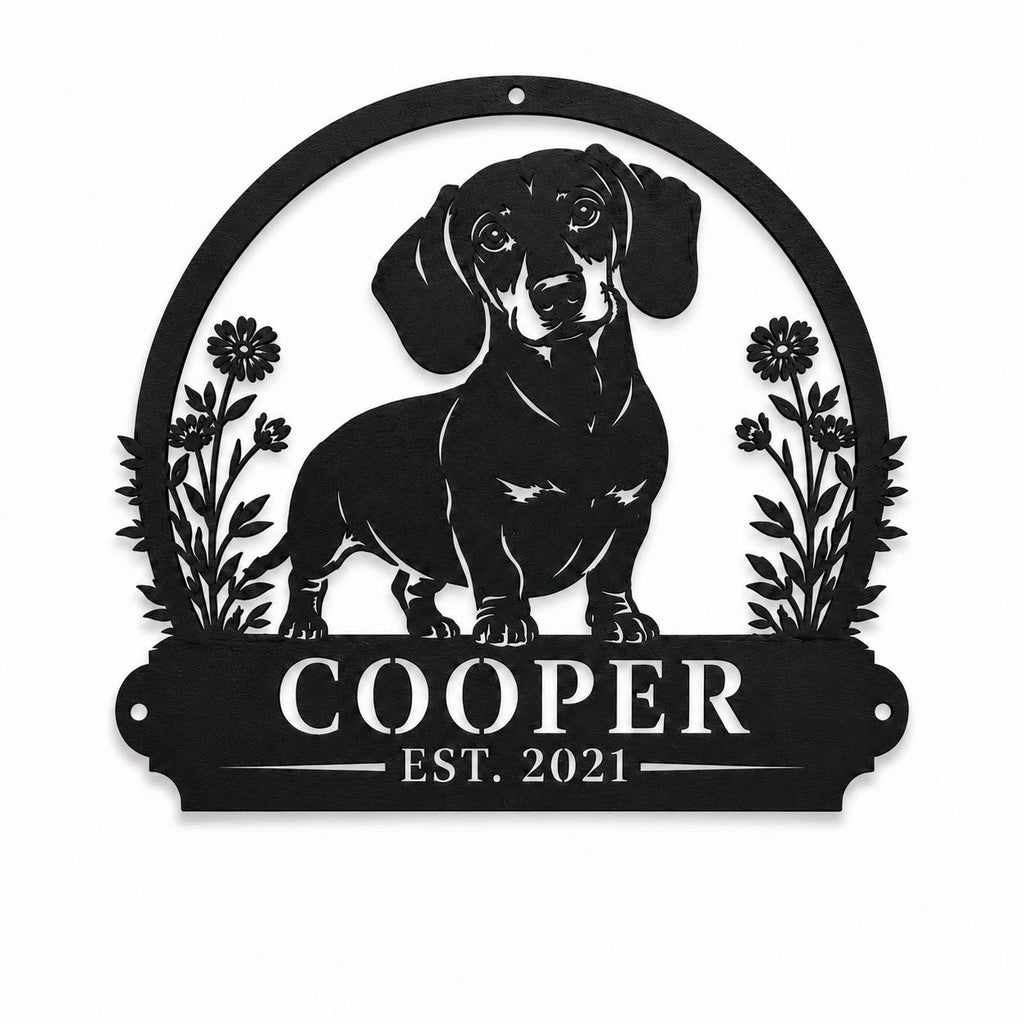 Personalized dachshund metal sign with custom pet name Cooper on a clean white background.