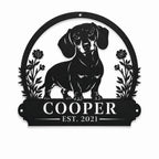 Personalized dachshund metal sign with custom pet name Cooper on a clean white background.