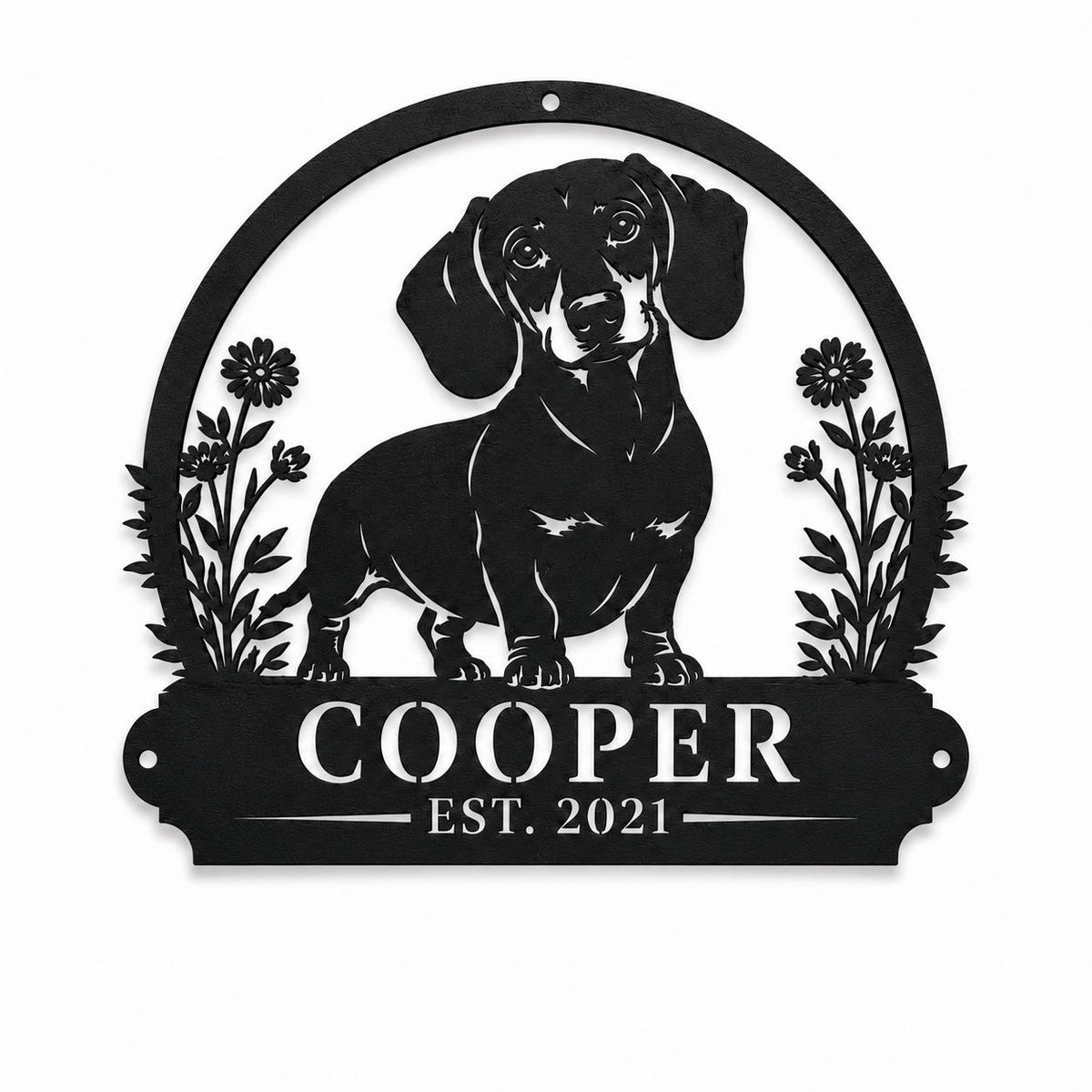 Personalized dachshund metal sign with custom pet name Cooper on a clean white background.