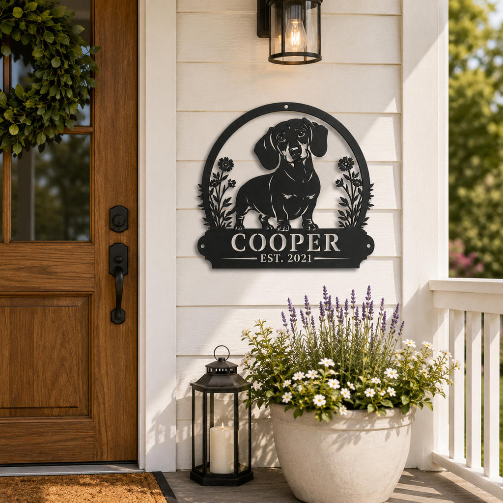 Custom dachshund metal sign with the name Cooper mounted beside a modern farmhouse front door.