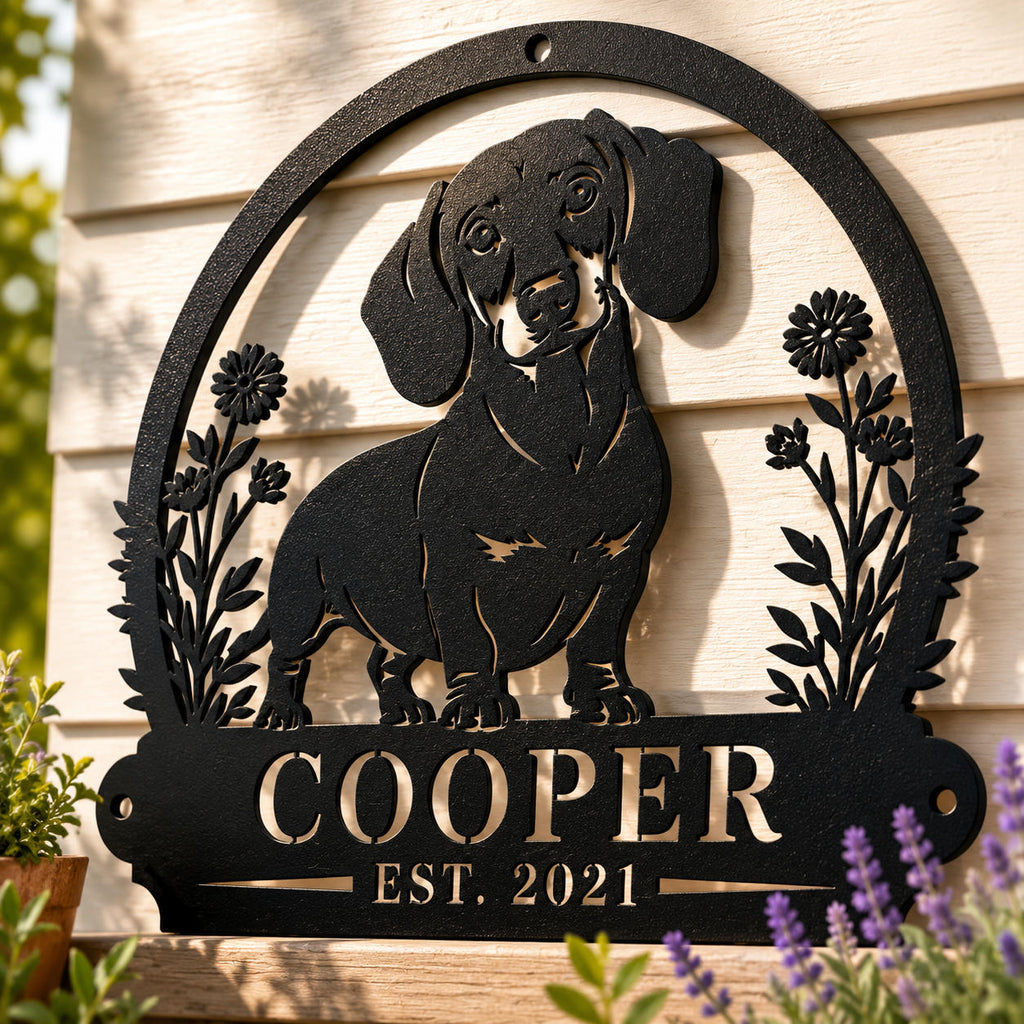 Close-up of a personalized dachshund metal sign showing laser-cut details and black powder-coated finish.