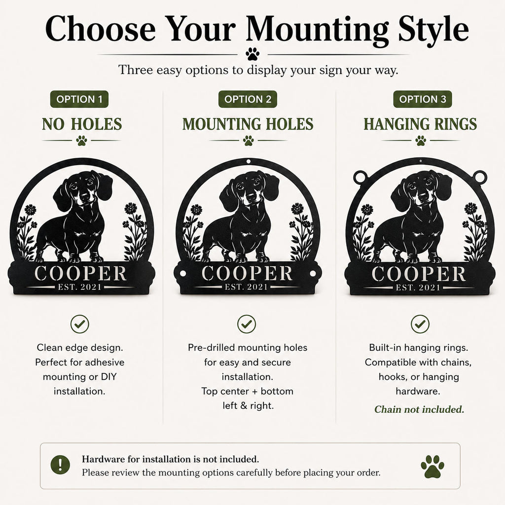 Comparison of three mounting options for a custom dachshund metal sign: no holes, mounting holes, and hanging rings with chains.