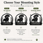 Comparison of three mounting options for a custom dachshund metal sign: no holes, mounting holes, and hanging rings with chains.