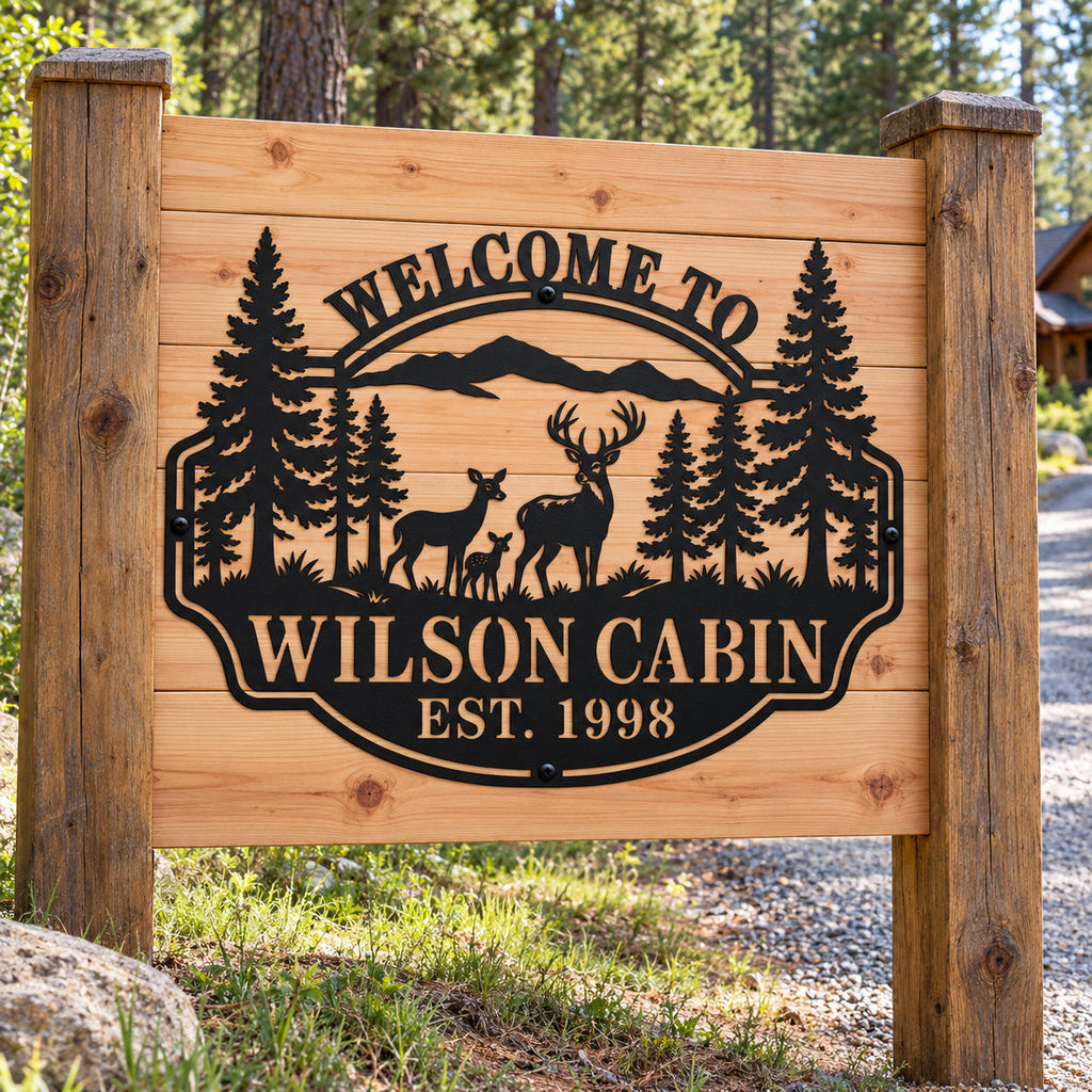 Personalized Wilson Cabin metal sign mounted on a cedar panel between wooden posts beside a woodland driveway.