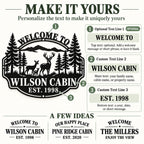 Deer cabin metal sign personalization guide showing three customizable text lines for a greeting, name, and year or short message.