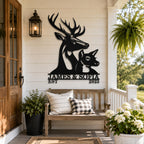 Custom deer family metal sign with names and established year displayed on a bright farmhouse porch.