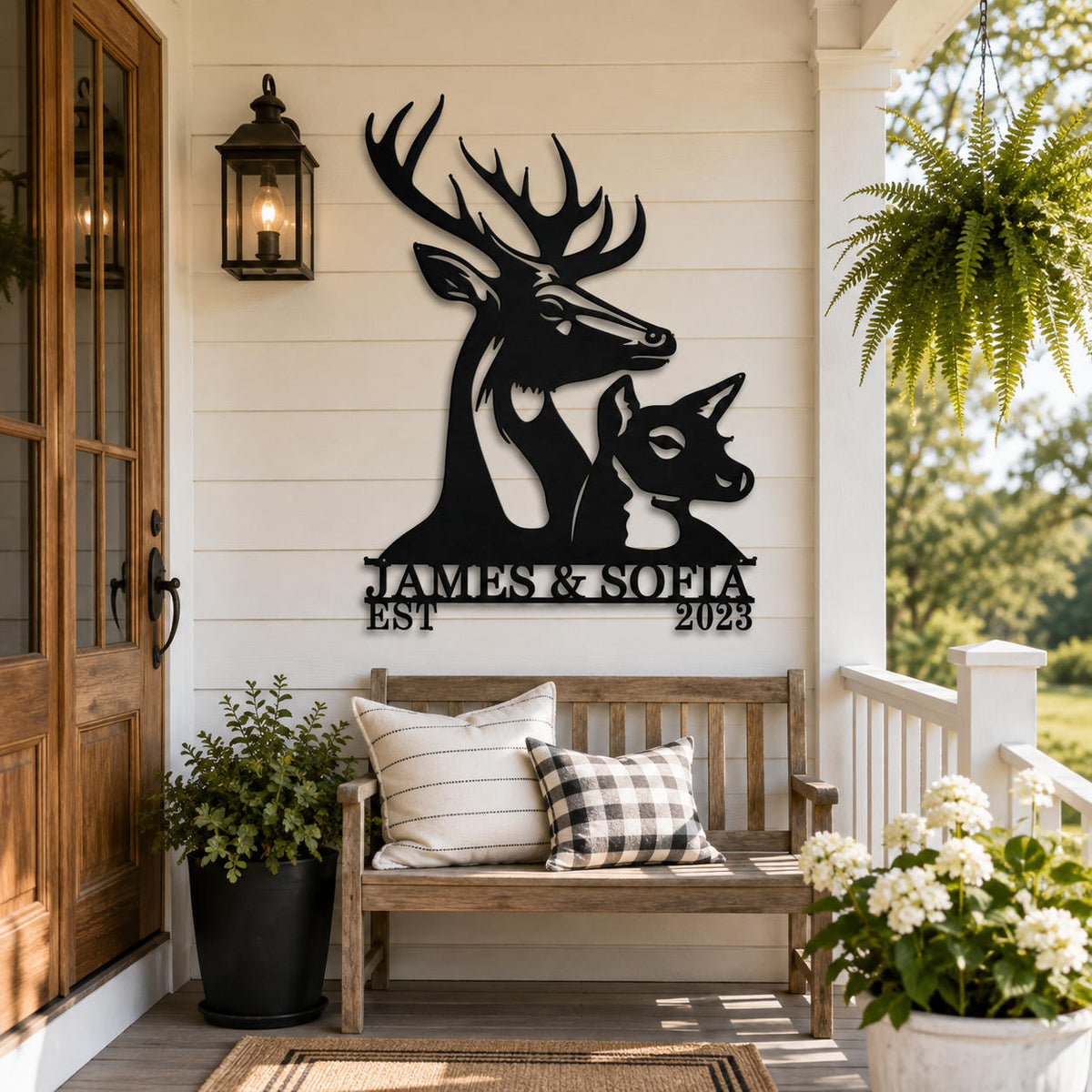 Custom deer family metal sign with names and established year displayed on a bright farmhouse porch.
