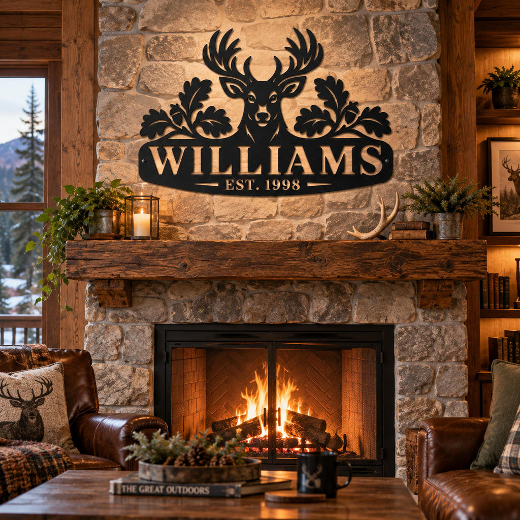 Custom deer family name metal sign displayed above a rustic stone fireplace in a hunting lodge.