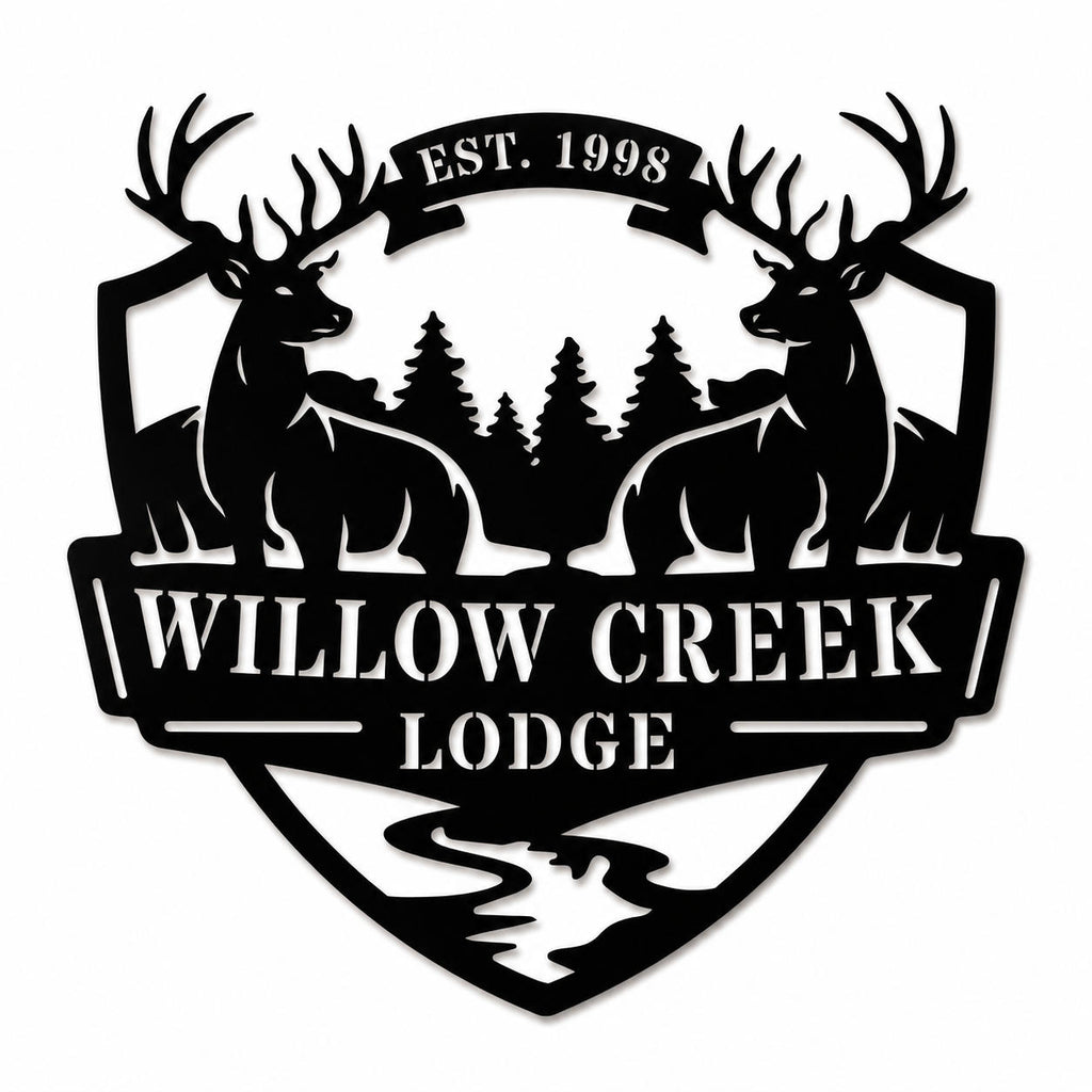 Personalized deer lodge metal sign with forest and creek design on a clean white background.
