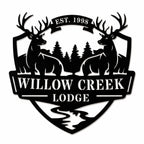 Personalized deer lodge metal sign with forest and creek design on a clean white background.