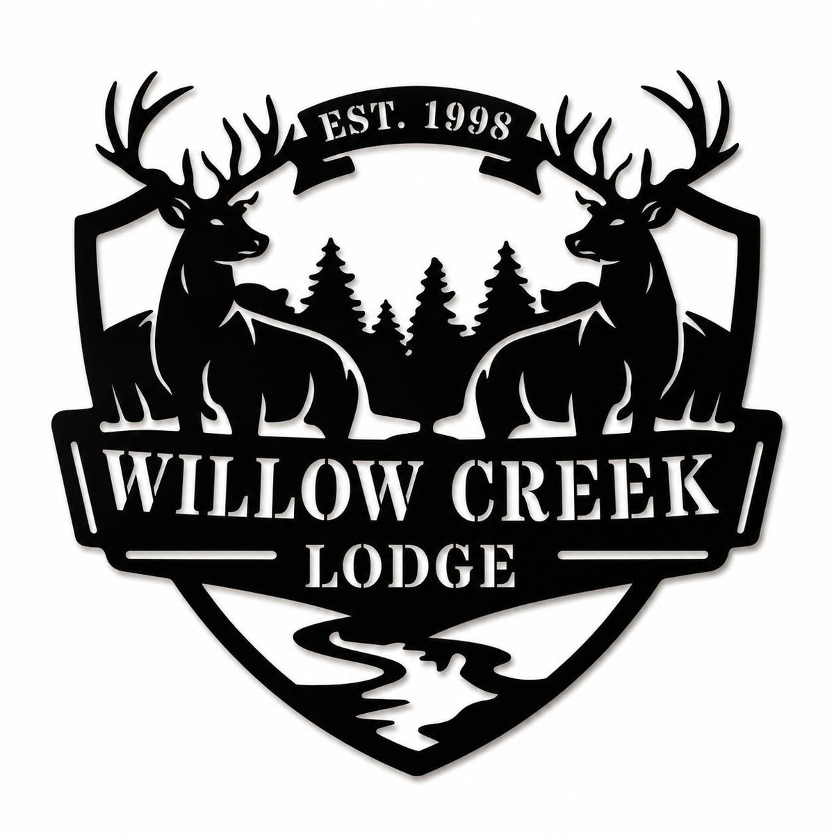 Personalized deer lodge metal sign with forest and creek design on a clean white background.