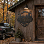Rustic deer lodge metal sign mounted on a hunting cabin surrounded by autumn forest.