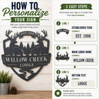 Customization guide showing how to personalize lodge name and established year on a deer metal sign.