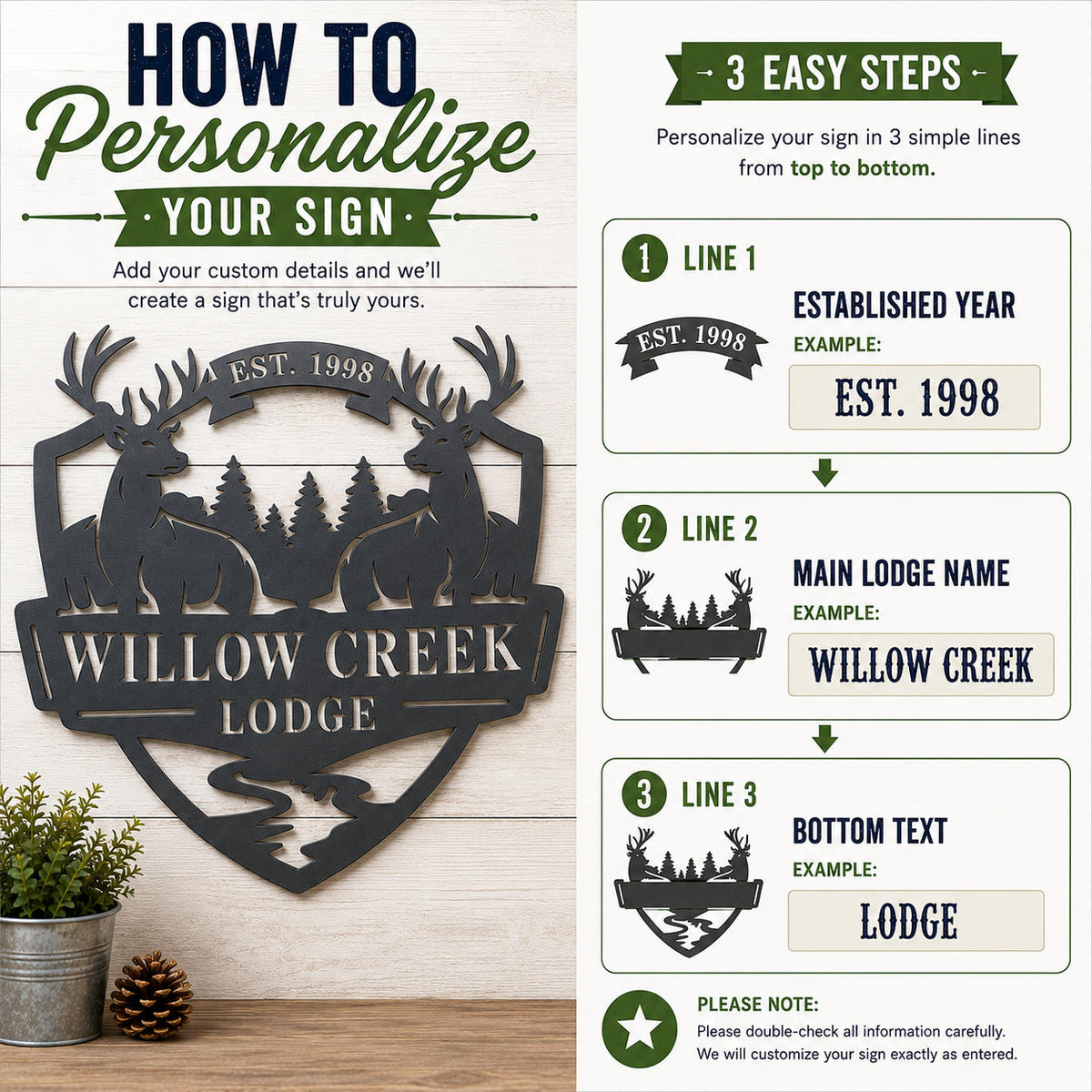 Customization guide showing how to personalize lodge name and established year on a deer metal sign.