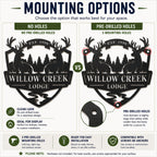 Comparison of deer lodge metal sign with no holes option and three pre-drilled mounting holes.