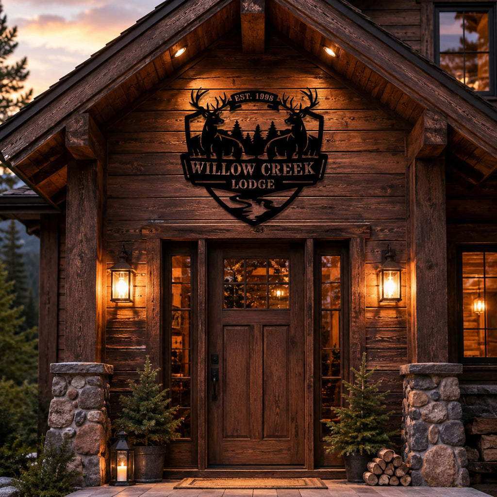 Custom metal deer lodge sign mounted above a rustic mountain cabin entrance with warm evening lighting.