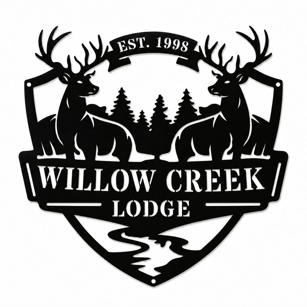 Custom black metal lodge sign with two deer, pine trees, and personalized text on a white background. Main image