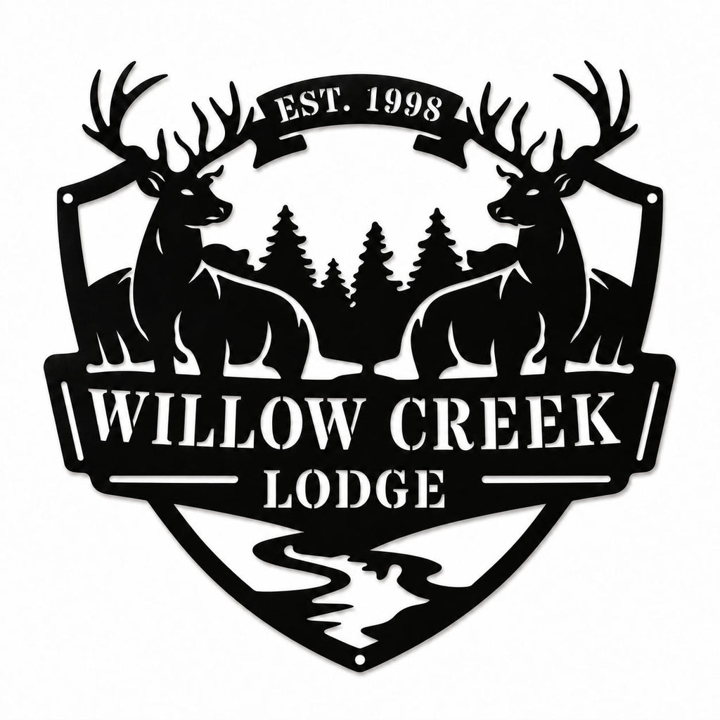 Custom black metal lodge sign with two deer, pine trees, and personalized text on a white background.