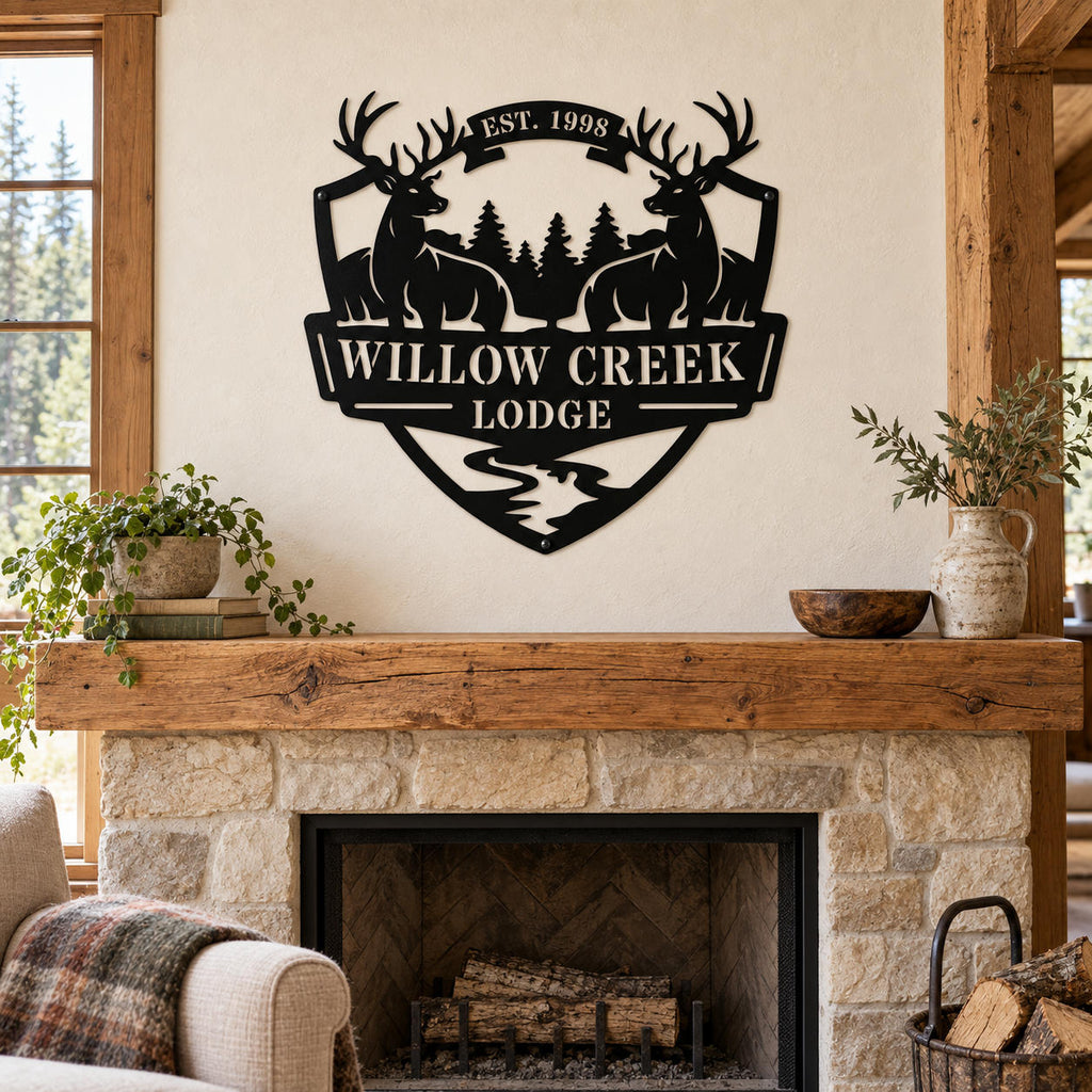 Custom deer lodge metal sign displayed above an oak mantel and stone fireplace.