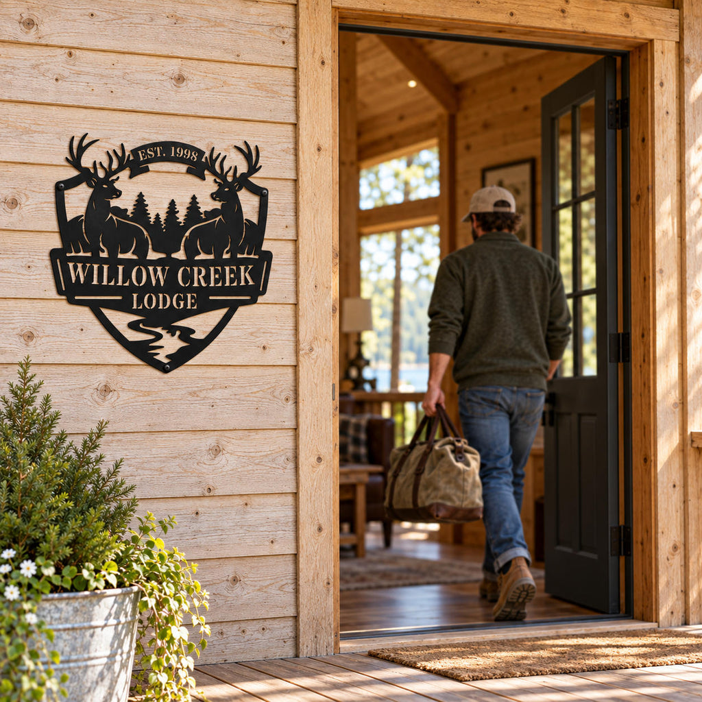 Custom deer lodge metal sign beside an open cabin door as a guest arrives carrying a duffel bag.