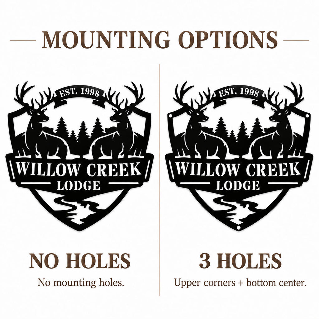 Deer lodge metal sign showing no-hole and three-hole options, with holes at the upper corners and bottom center.