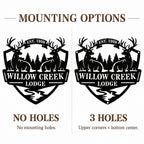 Deer lodge metal sign showing no-hole and three-hole options, with holes at the upper corners and bottom center.