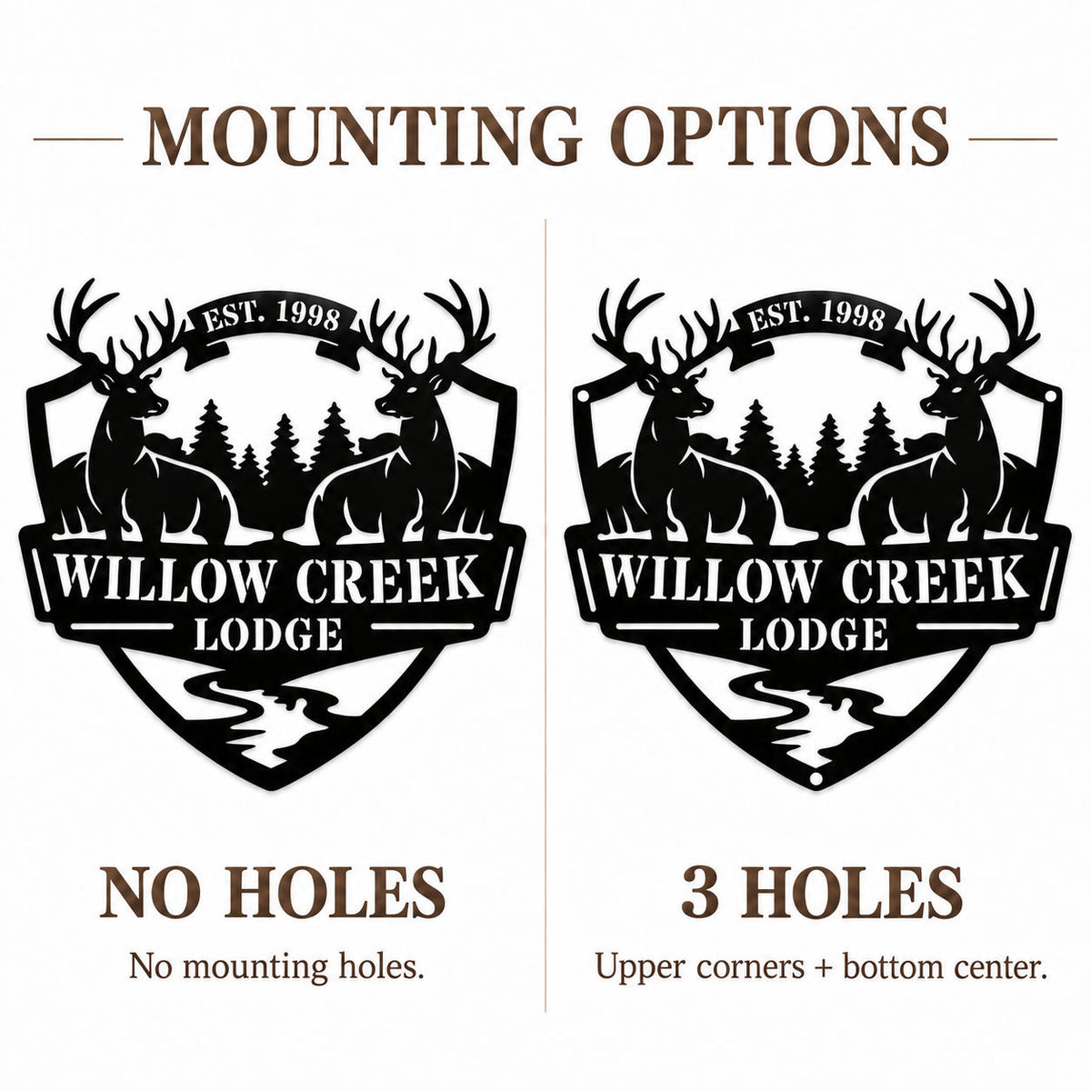 Deer lodge metal sign showing no-hole and three-hole options, with holes at the upper corners and bottom center.