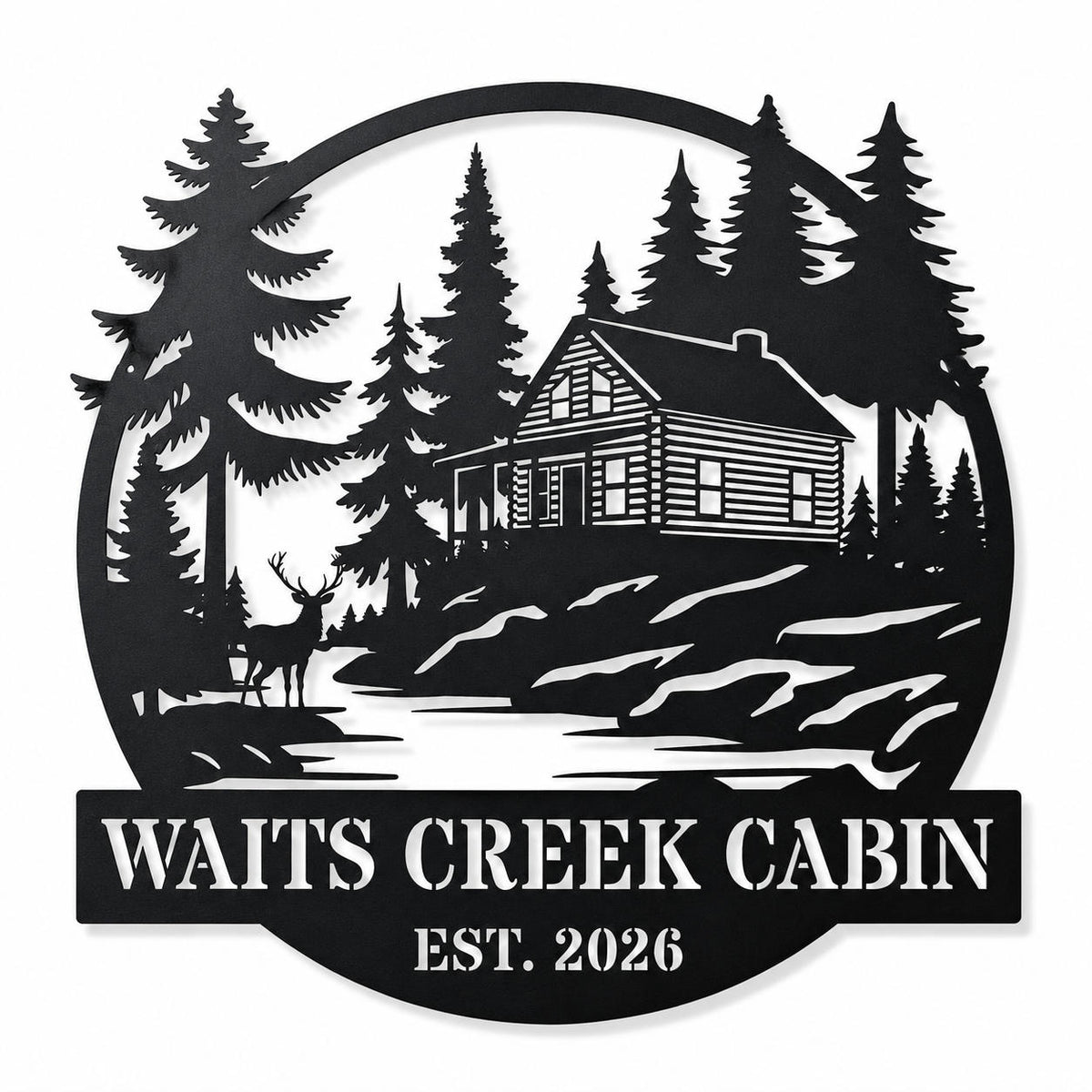 Personalized black metal cabin sign featuring a log cabin, pine trees, deer and custom family name. Main image