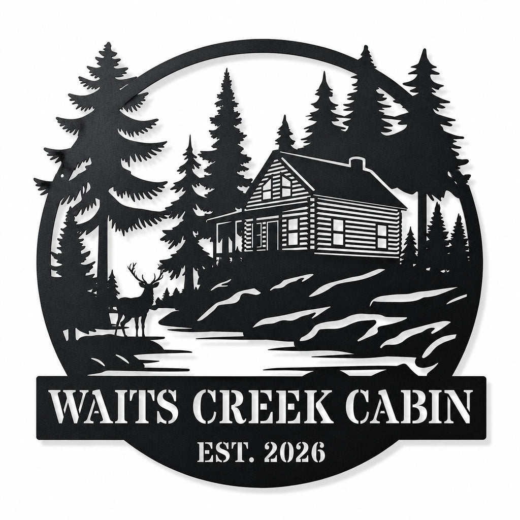 Personalized black metal cabin sign featuring a log cabin, pine trees, deer and custom family name.