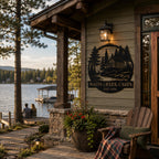 Personalized metal cabin sign displayed on a lakeside vacation home with a peaceful waterfront view.