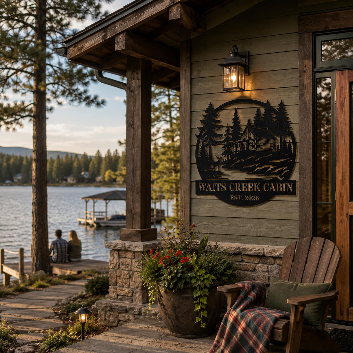 Personalized metal cabin sign displayed on a lakeside vacation home with a peaceful waterfront view.