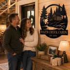 Custom cabin name sign displayed in a cozy log cabin as a housewarming gift.