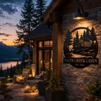 Premium personalized metal cabin sign mounted on a luxury mountain retreat surrounded by pine trees.
