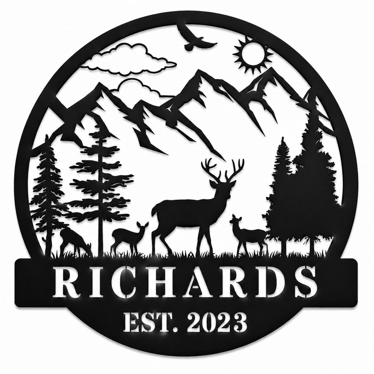 Black personalized deer mountain family name metal sign with custom last name and established year on a white background. Main image