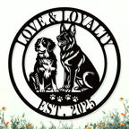 Custom circular dog metal sign featuring laser-cut German Shepherd and Bernese Mountain dog silhouettes with personalized text reading Love and Loyalty Est 2025.