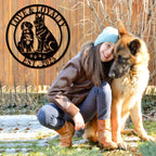 Custom circular dog metal sign featuring laser-cut German Shepherd and Bernese Mountain dog silhouettes with personalized text reading Love and Loyalty Est 2025.