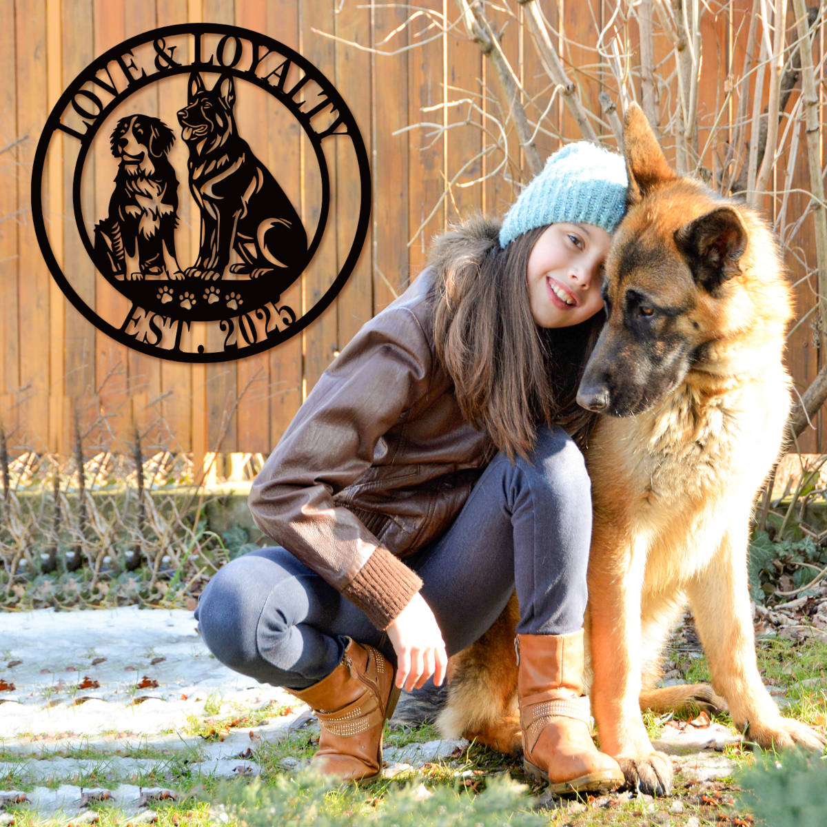 Custom circular dog metal sign featuring laser-cut German Shepherd and Bernese Mountain dog silhouettes with personalized text reading Love and Loyalty Est 2025.