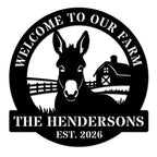 Custom donkey farm metal sign with welcome text, personalized family name and established year, circular barn design laser cut steel outdoor decor