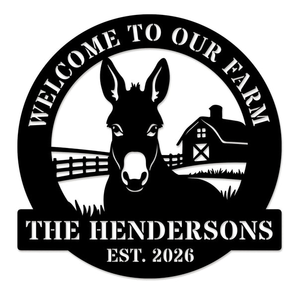Custom donkey farm metal sign with welcome text, personalized family name and established year, circular barn design laser cut steel outdoor decor