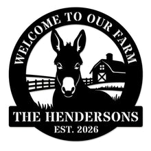 Custom donkey farm metal sign with welcome text, personalized family name and established year, circular barn design laser cut steel outdoor decor