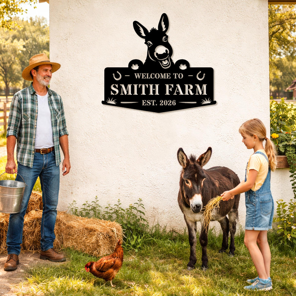 custom donkey farm metal sign with personalized name and est date rustic ranch outdoor steel decor