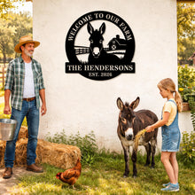 Custom donkey farm metal sign with welcome text, personalized family name and established year, circular barn design laser cut steel outdoor decor