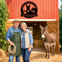 Custom donkey farm metal sign with welcome text, personalized family name and established year, circular barn design laser cut steel outdoor decor