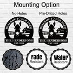 Custom donkey farm metal sign with welcome text, personalized family name and established year, circular barn design laser cut steel outdoor decor