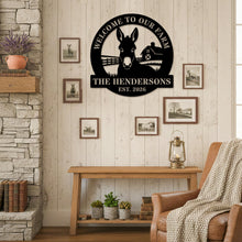 Custom donkey farm metal sign with welcome text, personalized family name and established year, circular barn design laser cut steel outdoor decor