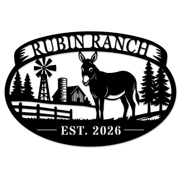 Custom donkey ranch metal sign with personalized farm name and established year, featuring barn, windmill, and trees, laser-cut steel outdoor décor