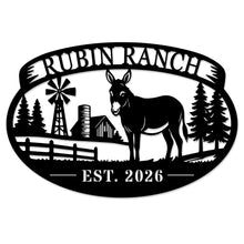 Custom donkey ranch metal sign with personalized farm name and established year, featuring barn, windmill, and trees, laser-cut steel outdoor décor