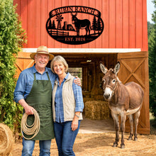 Custom donkey ranch metal sign with personalized farm name and established year, featuring barn, windmill, and trees, laser-cut steel outdoor décor